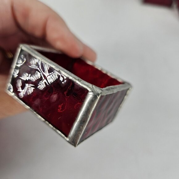 Ruby Red Stained Glass Napkin Rings Set of 4 Leaded Handmade Textured Square - Picture 5 of 10